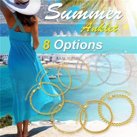 Resizable Anklet Chain for Women Men,Figaro/Wheat/Twist Rope/Cuban Foot Bracelet - Picture 2 of 7